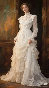 Vestidos de novia fluidos boho bosque cuello alto encaje manga larga sin estructura - Imagen 1 de 7