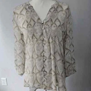women GAP white BLOUSE tan TOP 3/4 sleeve PLEATING button-down SEMI-SHEER sz M - Picture 1 of 13