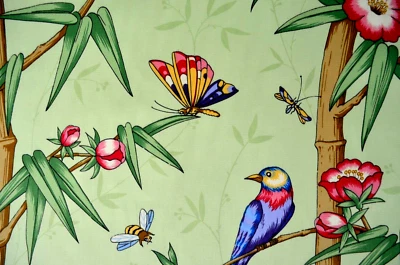 Vintage Cotton Sateen / Tropical / 30 + yards avail /Bamboo, Birds & Butterflies - Image 1 of 4