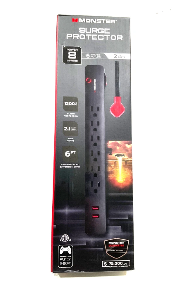 MONSTER SURGE PROTECTOR 6 GROUNDED OUTLET and 2 USB ports 1200 J 6 FT EXT cord - Image 1 of 2