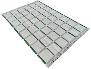 Handmade Cotton Area Flat Weave Woven Rug, Cream & Green Indian Checked Dhurrie - Picture 1 of 9