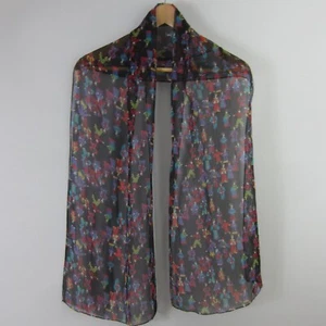 Chicos Womens Asian Print Hand Rolled Silk Scarf Black Blue Purple Red 65 x 13 - Picture 1 of 7