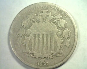 1868 SHIELD NICKEL GOOD / VERY GOOD G/VG NICE ORIGINAL COIN FROM BOBS COINS - Picture 1 of 2