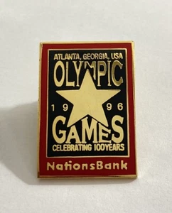 Atlanta 1996 Olympic Games Lapel Pin Red Golden Star Badge Nations Bank Sponsor - Picture 1 of 6