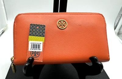 Cartera Tory Burch Robinson Cremallera Continental Cuero Cremallera Naranja Sangre Textura con Etiqueta Foto 1 de 4