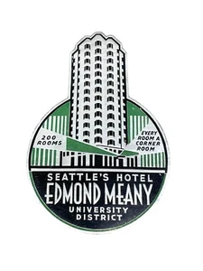 Vintage Luggage Label Seattle Hotel EDMOND MEANY University District Die Cut - Picture 1 of 6