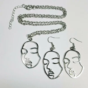 N0060 Boho Silver Tone Art Retro Abstract Picasso Face Pendant Necklace Earrings - Picture 1 of 2