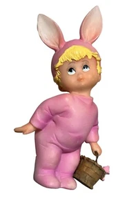 Vintage Pink Bunny Child Figurine With Basket & Flowers - Picture 1 of 11