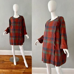 Vintage 70s Plaid Wool Blend Over Sized Fringe Poncho Cape Coat M/L - Picture 1 of 12