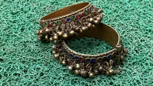 Ancient Stone Islamic Lady Pair Hand Bracelet Cuff Bangle Tribal Jewellery Brass - Picture 1 of 12