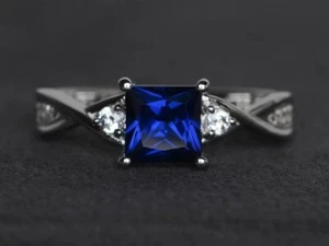 925 Sterling Silver Sapphire Minimal Ring Square Lab Created Gemstone Women Ring - Picture 1 of 4