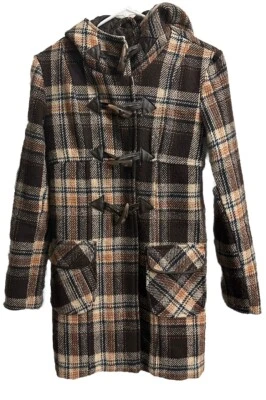 Abrigo Delia Años 90 Lana Talla Extra Pequeño En Marrón Y Naranja Cuadros Con Capucha Foto 1 de 4