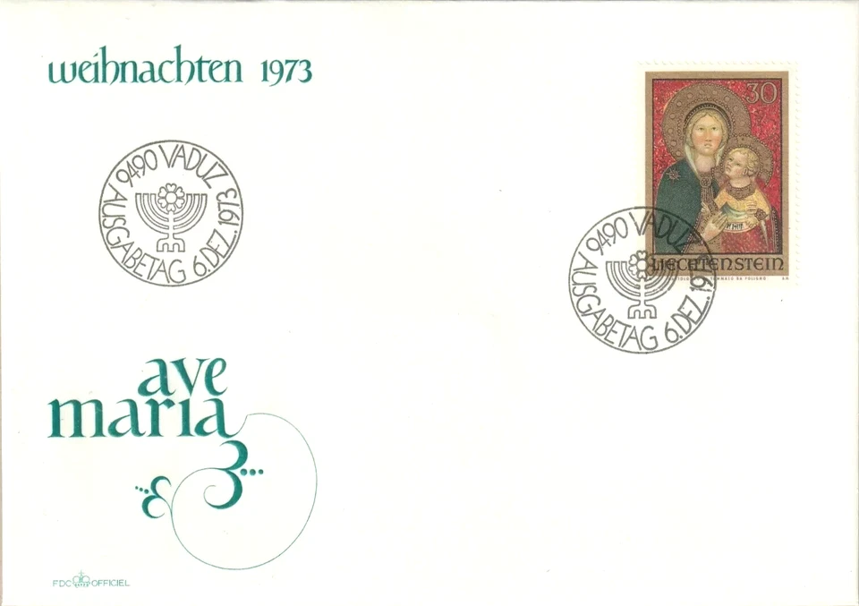 LIECHTENSTEIN CHRISTMAS AVE MARIA MADONNA 7 CHILD 1973 OFFICIAL CACHET FDC UNADD - Image 1 of 1
