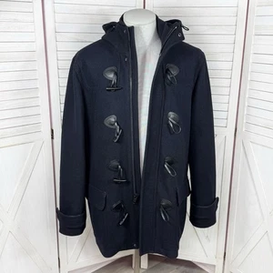 Express Coat Mens Large Navy Blue Black ￼Wool Blend Duffle Toggle Button Zip - Picture 1 of 13