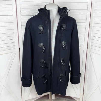 Express Coat Mens Large Navy Blue Black ￼Wool Blend Duffle Toggle Button Zip - Image 1 of 4