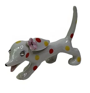 Art Deco Dackel Weiner Hund Figur rot/gelb gepunktet Strass Augen  - Bild 1 von 8