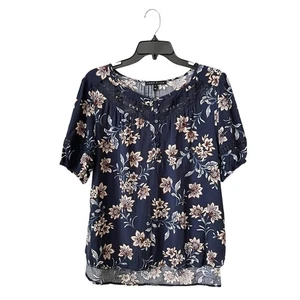 Como schwarzes Top Damen Gr. L marine Blumen Knopfleiste Häkelausschnitt Kurzarm - Bild 1 von 6