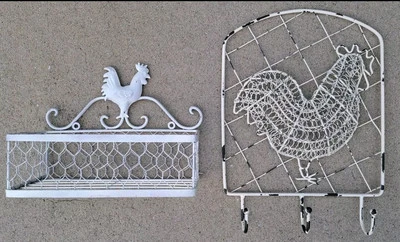 Gallo blanco pollo alambre metal pared correo soporte carta almacenamiento cesta gancho llave Foto 1 de 4