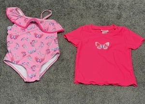 Girls Size 5 Swimsuit Set Butterfly Print Rash Guard Swimwear Pink Berkley - Picture 1 of 16