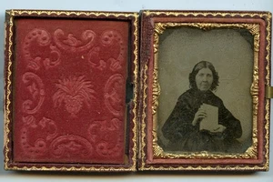 ninth plate ambrotype of older lady with book. split full case - Picture 1 of 1