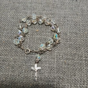 Bracciale Vintage Sterling Crocifisso W INRI Aurora Boreale Cristallo Rosario - Foto 1 di 12