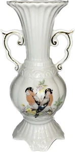 Vintage Victorian Style Porcelain 2 Handle Vase Bird Design White Gold Accents - Picture 1 of 11