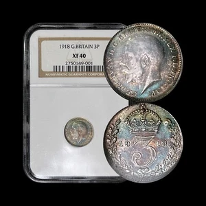 GREAT BRITAIN. 1918, 3 Pence, Silver - NGC XF40 - KGV, Maundy, 🌈 Toned, RARE - Picture 1 of 7