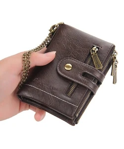 Mens Wallet Leather Purse Bifold Double Zipper Coin Pocket with Anti-Theft Chain - Picture 1 of 12