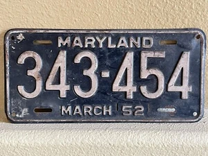 Vintage Maryland March 1952 License Plate Black White 343-454 - Picture 1 of 4