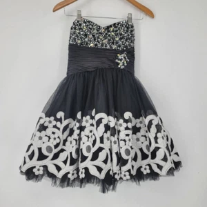 Jovani Strapless Mini Dress Black White Floral Embellished Tulle Zip Women's 8 - Foto 1 di 7
