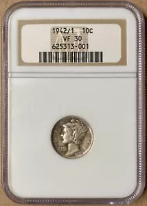 1942/1 NGC VF30 Mercury Dime 10c - Mint Error - Picture 1 of 3