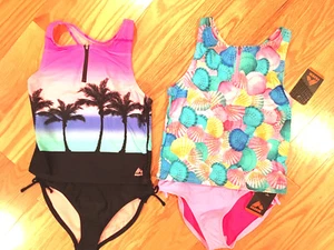 Girls Swim swimsuit 2 piece Tankini  Large XL Black Pink Palm trees Shells NEW - Picture 1 of 10