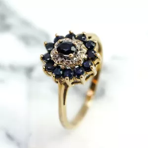 Sapphire & Diamond Cluster Ring 9ct Yellow Gold Size Q 1/2 #65875 - Picture 1 of 8