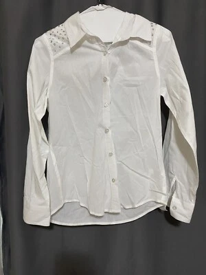 Justice Girls Top Blouse White Button Down Silver Sequins Size 14 - VERY GOOD - Image 1 of 4