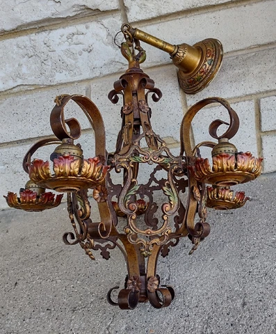 Antique Floral Art Deco Cast Wrought Iron Gold Polychrome 5 Light Chandelier Cover