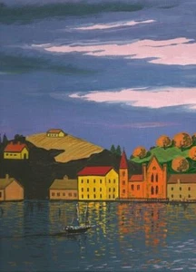 ACEO PRINT OF PAINTING ABSTRACT FOLK ART RYTA SEASCAPE SEA landscape house farm - Picture 1 of 1