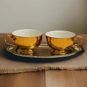 ✨ RARE Vintage - Victoria - Fine China Gold Teacups + Silver-Plated Tray Set - Picture 1 of 24
