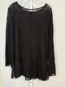 Chico’s Size 1 Black Sheer Embroidered Tunic Blouse Boho Long Sleeve Overlay Top - Picture 1 of 9