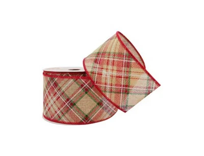 "Cinta a cuadros verde rojo y beige borde con cable de 2,5"" x 20 pies envoltura de decoración de Navidad" Foto 1 de 4