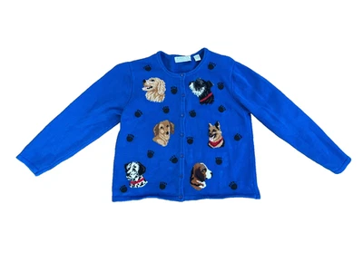 Cárdigan Azul Suéter Tejido Perros Años 90 Grande De Colección Marisa Christina Paw Prints Foto 1 de 4