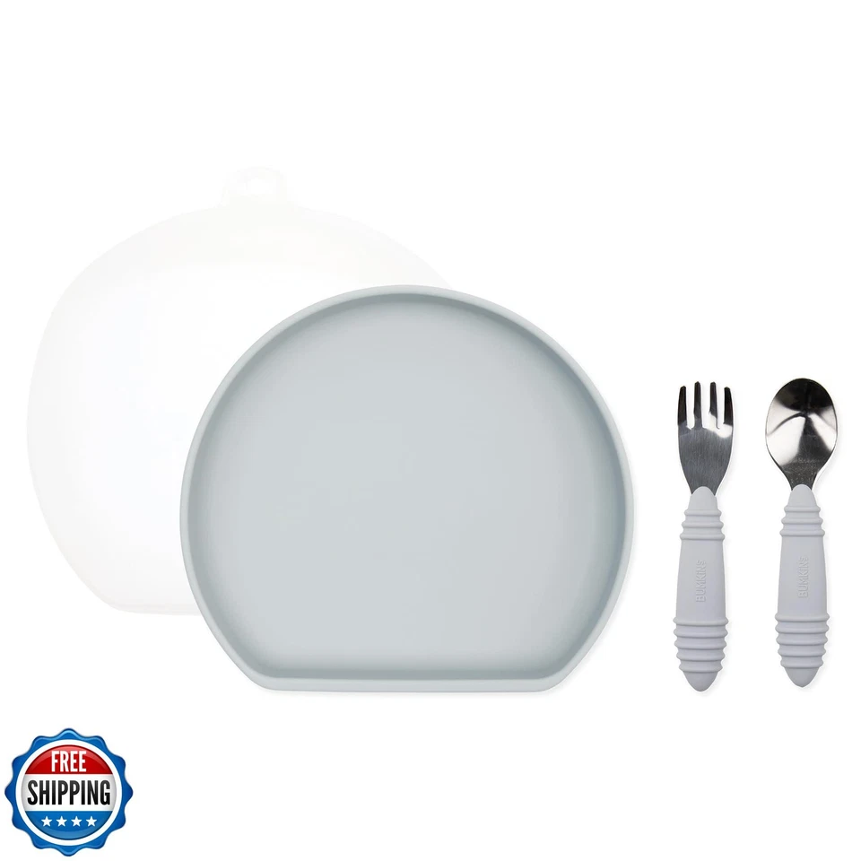 Bumkins - Placa de agarre de silicona, tenedor y cuchara y tapa - Para edades 18 meses+ - Foto 1 de 4