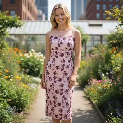 NWT JS Collections Women’s Mauve Pink Floral Illusion Neckline Cocktail Dress 4 - Image 1 of 4