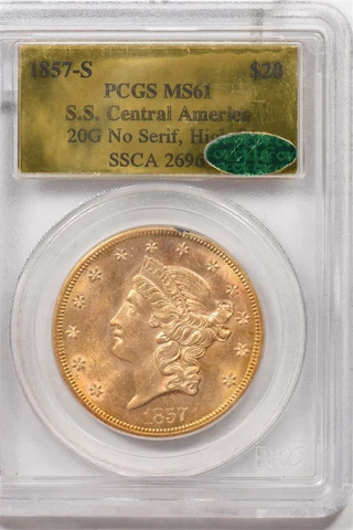 1857-S $20 Liberty PCGS MS61 CAC 20G gold foil label central america Cover