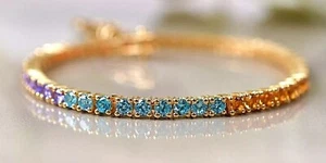 Women's 4 MM Lab Created Multi Gemstone Tennis Bracelet 14K Yellow Gold Plated - Picture 1 of 8