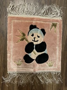 Vintage Panda Bear Silk Pictorial Fringe Rug with Bamboo Leaves Pink 12"x13" - Picture 1 of 6