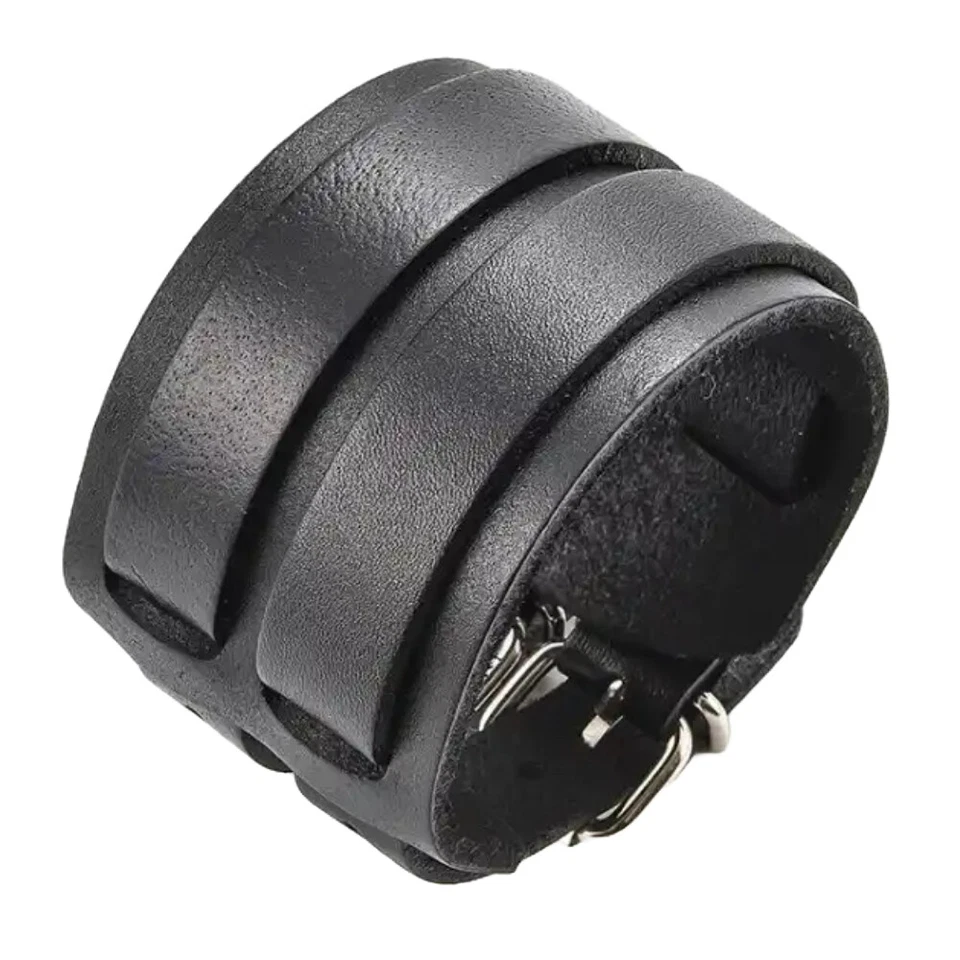 Zense - Bracelet de force noir en cuir pour homme avec double lanières ZB0265 - Photo 1/4