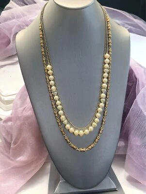 Винтажный J. Ожерелье с длинными стразами золото 3 нити жемчуг 24 дюйма - Изображение 1 из 4