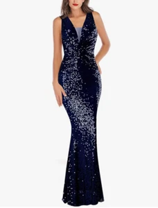 Maxi abito senza maniche a sirena ARFAR paillettes party collo a V blu navy M - Foto 1 di 4