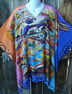 DILEMMA HAND PAINTED KANDINSKY INSPIRED ART TO WEAR PONCHO TUNIC IN ART SILK! - Picture 1 of 4