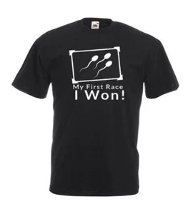 Mens My First Race I Won! Funny Rude Adult Humour Black Unisex T-Shirt - Picture 1 of 8